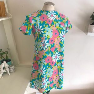 Vintage 1960s Mod Mini Dress, Pink, Turquoise Floral, Size XS